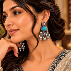 Turquoise stone oxidized silver chandelier earrings with floral detailing and multiple pearl-style dangling beads