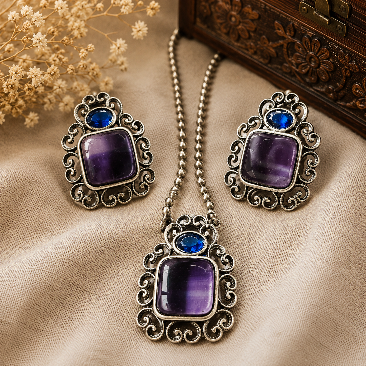 The Mirage Fashion Amethyst & Sapphire Statement Jewelry Set – Vintage Silver-Tone Pendant and Earrings Set for Women | Ethnic & Party Wear Jewelry