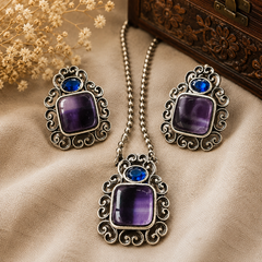The Mirage Fashion Amethyst & Sapphire Statement Jewelry Set – Vintage Silver-Tone Pendant and Earrings Set for Women | Ethnic & Party Wear Jewelry