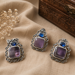 The Mirage Fashion Amethyst & Sapphire Statement Jewelry Set – Vintage Silver-Tone Pendant and Earrings Set for Women | Ethnic & Party Wear Jewelry