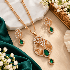 Emerald Royale Gold-Tone Statement Necklace Set with Earrings | The Mirage Fashion