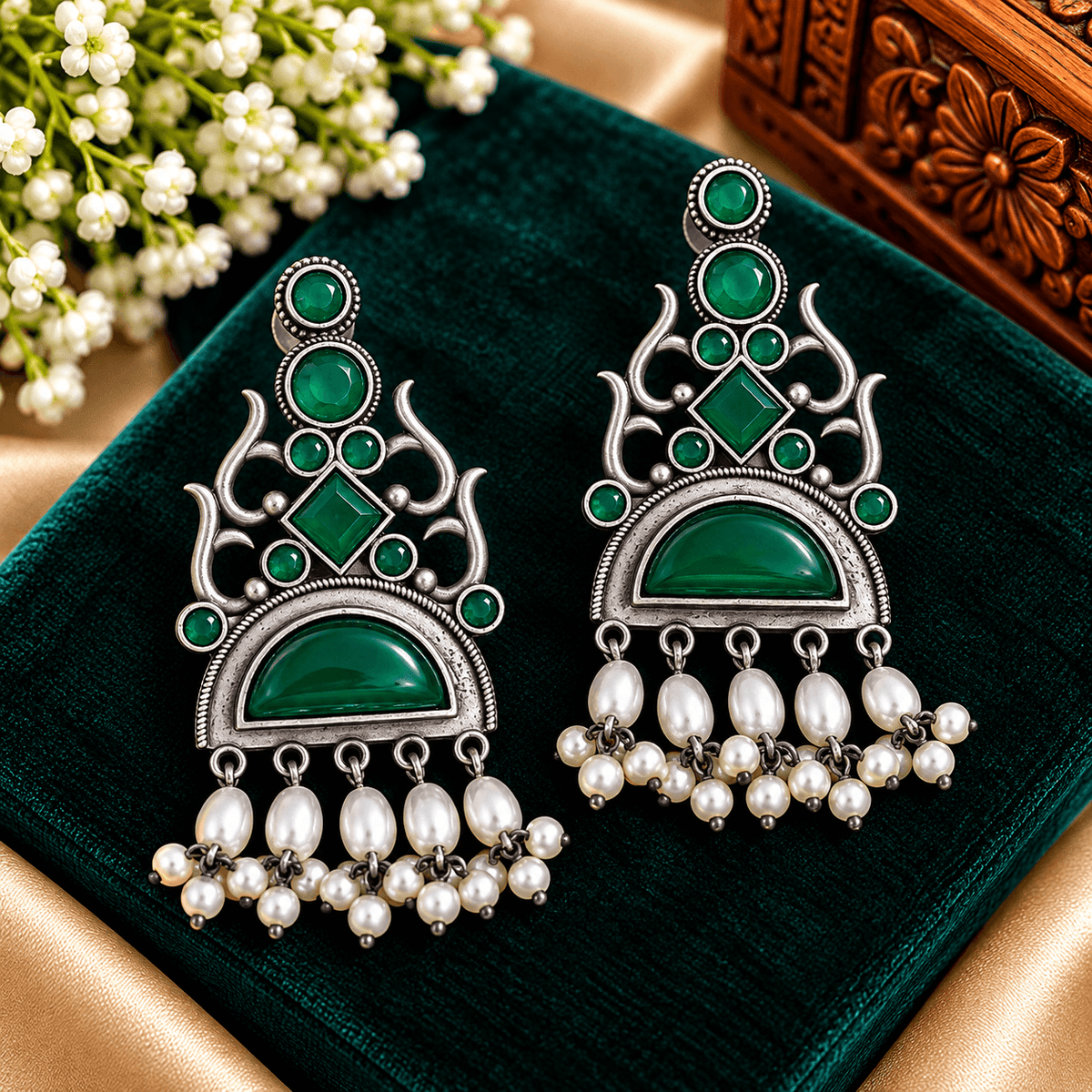 Emerald-green stone-work oxidized chandelier earrings with geometric silver-tone detailing and cascading pearl-style beads