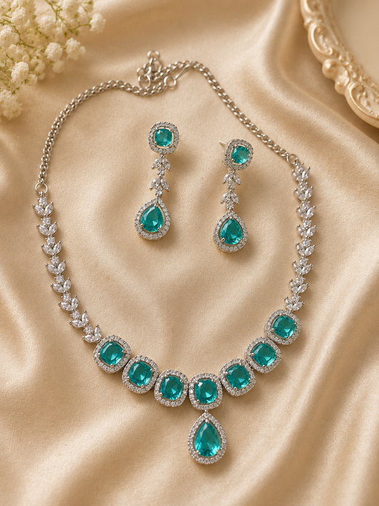 Emerald Green American Diamond Necklace Set with Drop Earrings | Elegant Party Wear Jewelry for Women