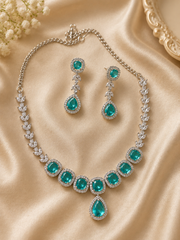 Emerald Green American Diamond Necklace Set with Drop Earrings | Elegant Party Wear Jewelry for Women