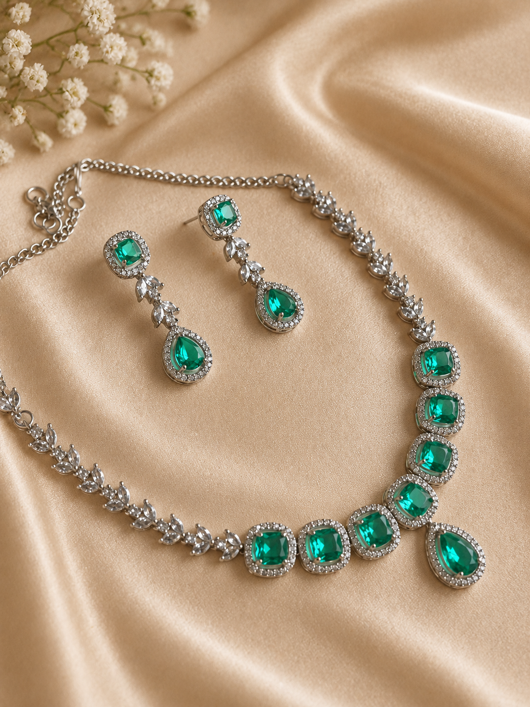 Emerald Green American Diamond Necklace Set with Drop Earrings | Elegant Party Wear Jewelry for Women