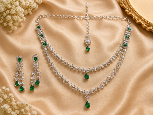 Emerald Green American Diamond Necklace Set with Long Earrings & Maang Tikka | Luxury Party Wear Jewelry for Women