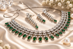 Emerald Green Crystal Choker Necklace Set with Earrings | Luxury American Diamond Party Wear Jewelry for Women