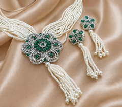 Emerald Green Pearl Choker Necklace Set for Women | Designer Kundan Jewelry | The Mirage Fashion