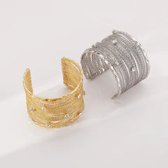 Textured Crystal Studded Wide Cuff Bracelet for Women | Gold & Silver Statement Kada