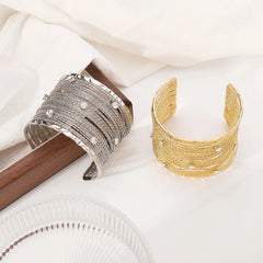 Textured Crystal Studded Wide Cuff Bracelet for Women | Gold & Silver Statement Kada