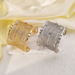 Textured Crystal Studded Wide Cuff Bracelet for Women | Gold & Silver Statement Kada