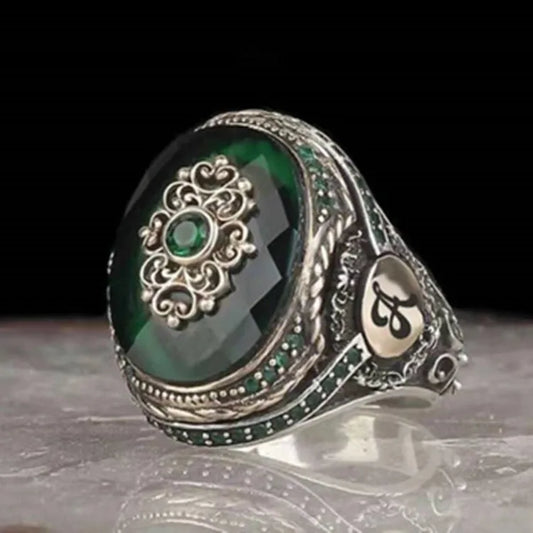 Emerald Green Oval Stone Statement Ring for Men | Vintage Silver Ring