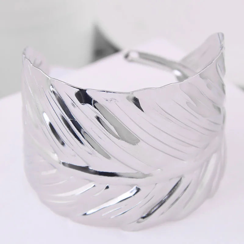 Wide Silver Leaf Pattern Kada for Women – Polished Open Cuff Statement Bracelet