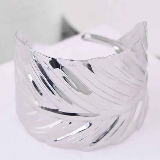 Wide Silver Leaf Pattern Kada for Women – Polished Open Cuff Statement Bracelet