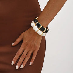 Black Enamel Bamboo Design Gold-Tone Bangle for Women | Bold Statement Bracelet