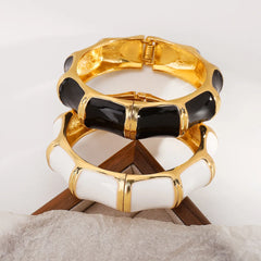 Black Enamel Bamboo Design Gold-Tone Bangle for Women | Bold Statement Bracelet