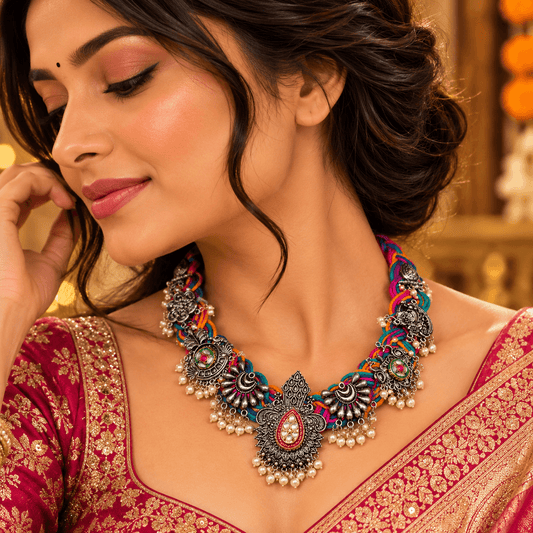 Vibrant Multicolour Braided Dori Necklace with Ornate Tribal Pendant, Oxidized Charms & Pearl Bead Drops | The Mirage Fashion