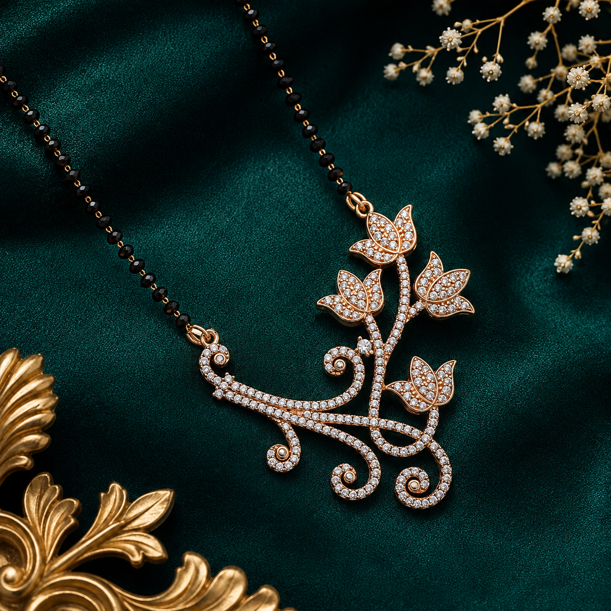 Floral Black Beaded Mangalsutra with Sparkling Pendant