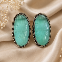 Floral Carved Cat Eye Stone Stud Earrings for Women – Oval Oxidised Silver Statement Earrings | Vintage Designer Jewelry |The Mirage Fashion