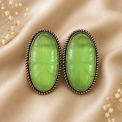 Floral Carved Cat Eye Stone Stud Earrings for Women – Oval Oxidised Silver Statement Earrings | Vintage Designer Jewelry |The Mirage Fashion