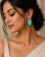 Floral Carved Cat Eye Stone Stud Earrings for Women – Oval Oxidised Silver Statement Earrings | Vintage Designer Jewelry |The Mirage Fashion