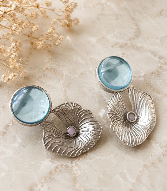 Floral Stone Statement Earrings for Women – Oxidised Silver Artistic Earrings | Contemporary Ethnic Designer Jewelry | The Mirage Fashion