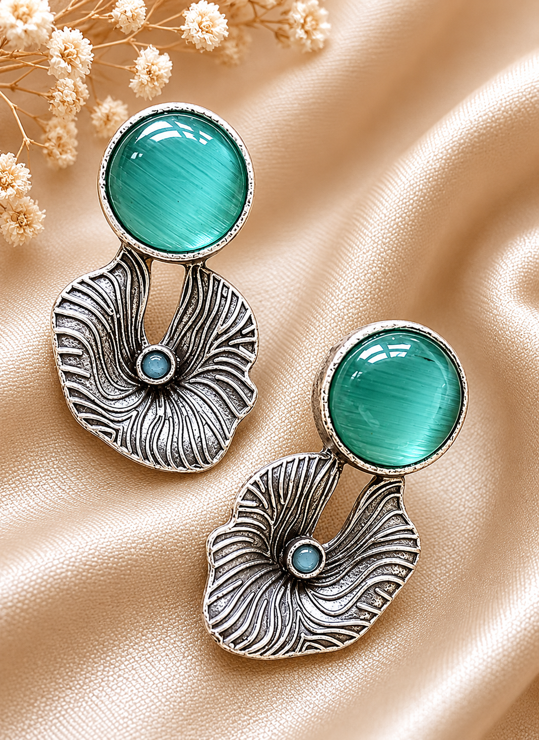Floral Stone Statement Earrings for Women – Oxidised Silver Artistic Earrings | Contemporary Ethnic Designer Jewelry | The Mirage Fashion