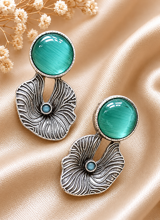 Floral Stone Statement Earrings for Women – Oxidised Silver Artistic Earrings | Contemporary Ethnic Designer Jewelry | The Mirage Fashion