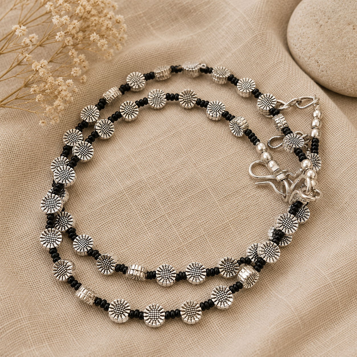 Flower Bead Anklet for Women – Vintage Silver Layered Anklet   The Mirage Fashion