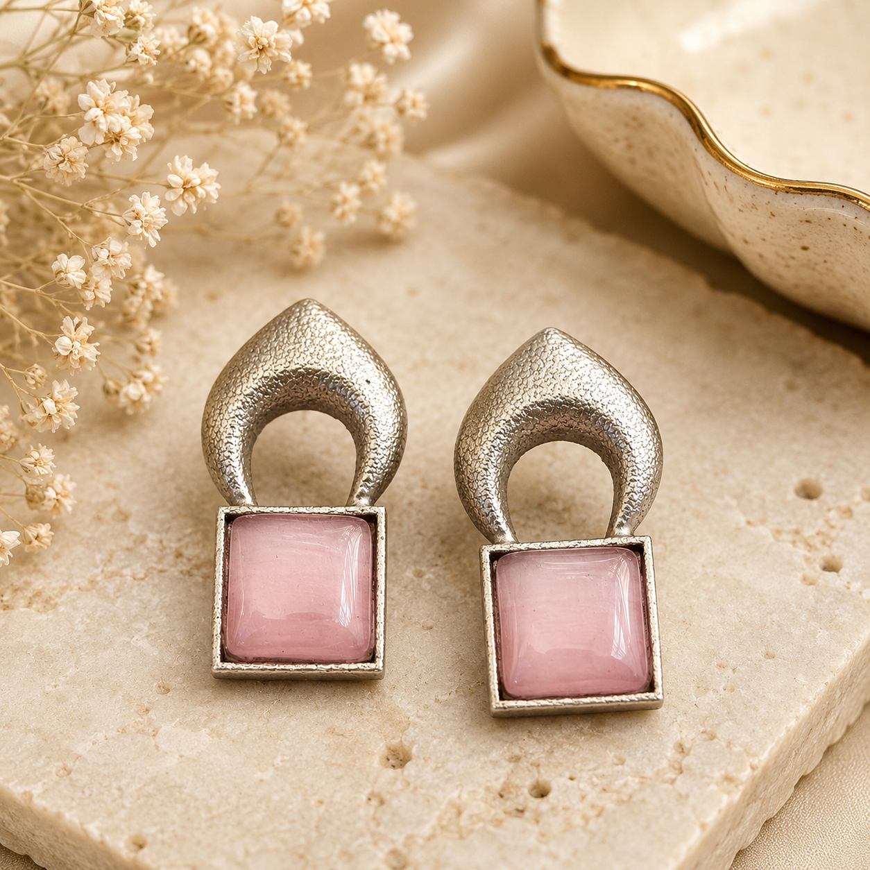 Contemporary Silver Square Stone Stud Earrings for Women – Geometric Statement Earrings | Modern Fashion Jewelry | The Mirage fashion - Pink