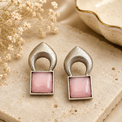 Contemporary Silver Square Stone Stud Earrings for Women – Geometric Statement Earrings | Modern Fashion Jewelry | The Mirage fashion - Pink