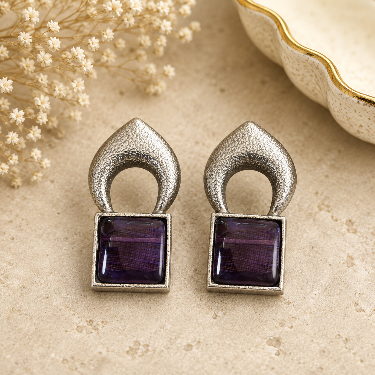 Contemporary Silver Square Stone Stud Earrings for Women – Geometric Statement Earrings | Modern Fashion Jewelry | The Mirage fashion - Purple 