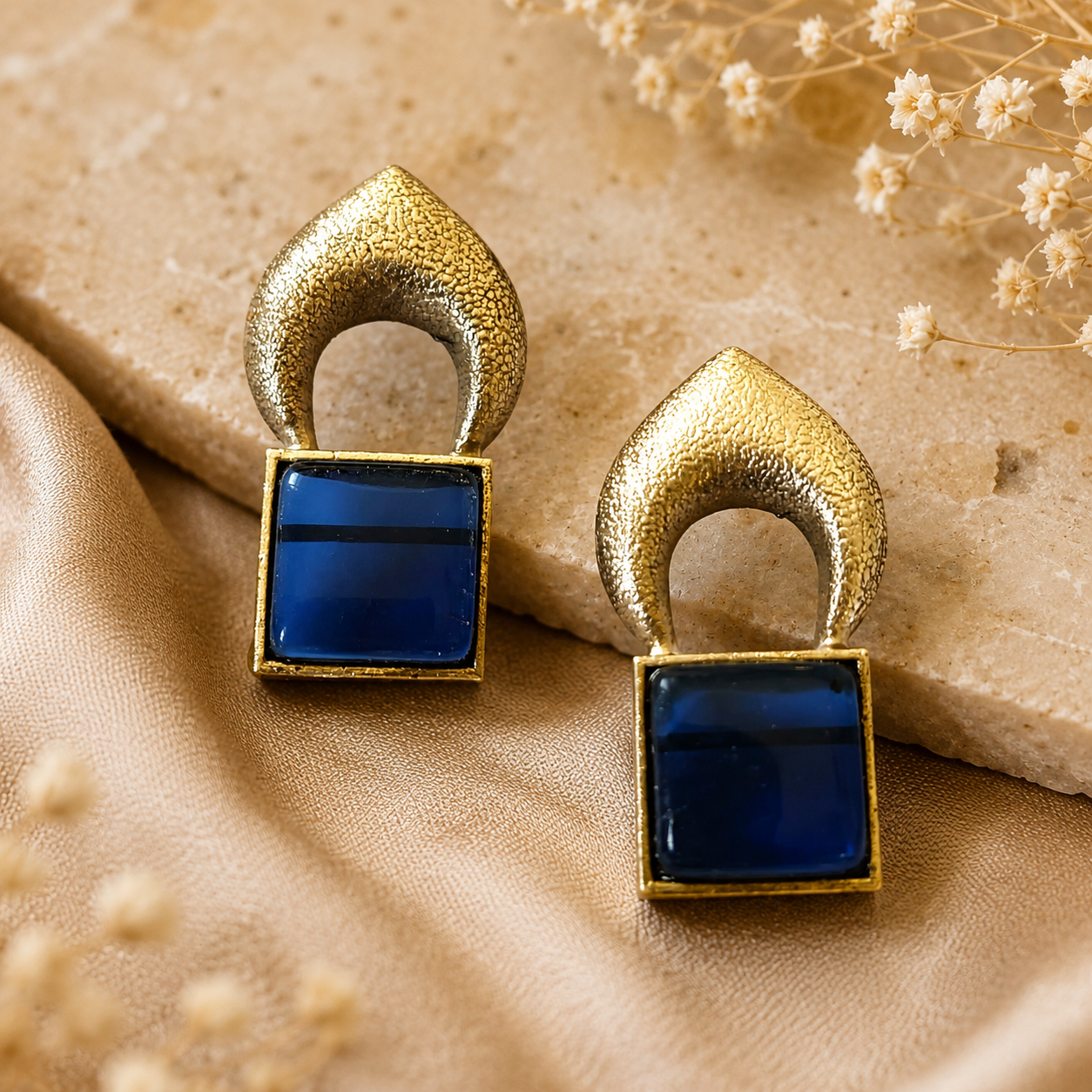 Contemporary Silver Square Stone Stud Earrings for Women – Geometric Statement Earrings | Modern Fashion Jewelry | The Mirage fashion - blue