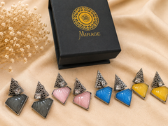 Geometric Oxidised Silver Stud Earrings for Women – Crystal & Carved Stone Statement Earrings | Contemporary Designer Jewelry | The Mirage Fashion