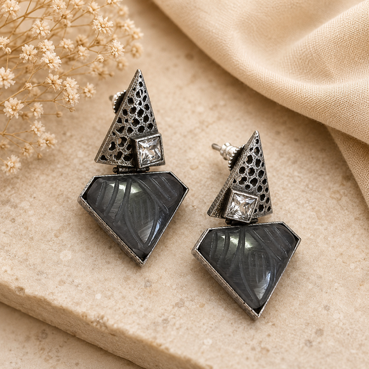 Geometric Oxidised Silver Stud Earrings for Women – Crystal & Carved Stone Statement Earrings | Contemporary Designer Jewelry | The Mirage Fashion