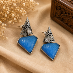 Geometric Oxidised Silver Stud Earrings for Women – Crystal & Carved Stone Statement Earrings | Contemporary Designer Jewelry | The Mirage Fashion