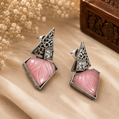 Geometric Oxidised Silver Stud Earrings for Women – Crystal & Carved Stone Statement Earrings | Contemporary Designer Jewelry | The Mirage Fashion