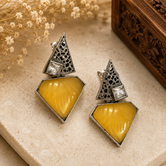 Geometric Oxidised Silver Stud Earrings for Women – Crystal & Carved Stone Statement Earrings | Contemporary Designer Jewelry | The Mirage Fashion
