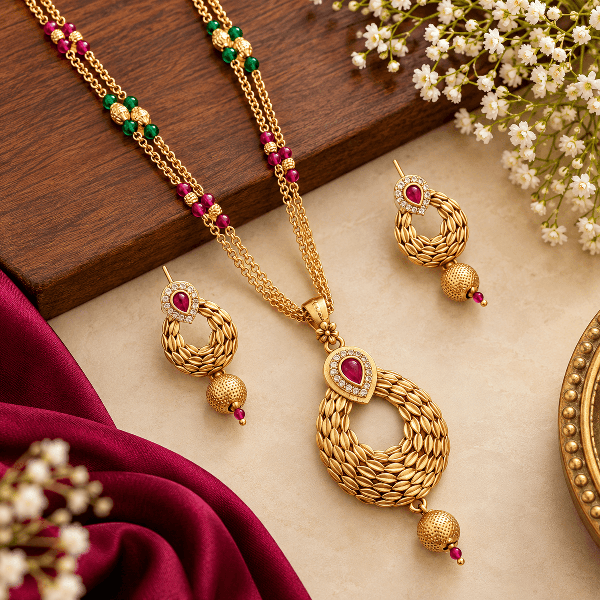 Regal Ruby Bloom Gold-Tone Necklace Set with Earrings | The Mirage Fashion