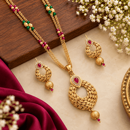 Regal Ruby Bloom Gold-Tone Necklace Set with Earrings | The Mirage Fashion