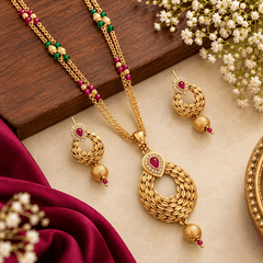 Regal Ruby Bloom Gold-Tone Necklace Set with Earrings | The Mirage Fashion