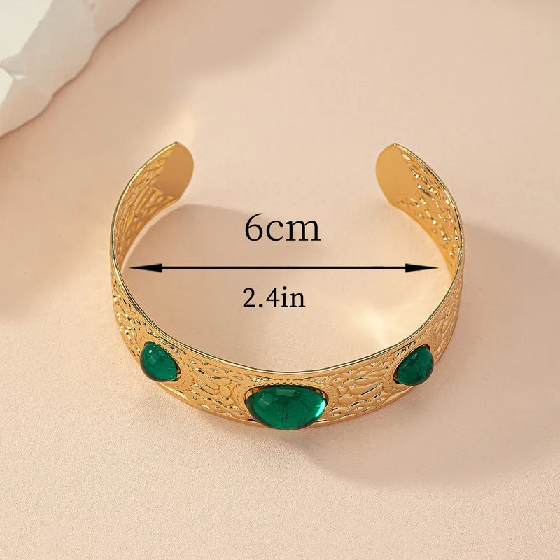 Gold Plated Green Stone Kada for Women – Antique Finish Open Cuff Statement Bracelet