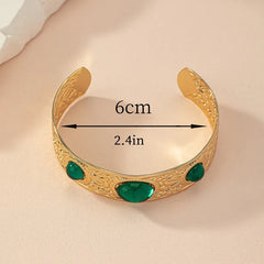 Gold Plated Green Stone Kada for Women – Antique Finish Open Cuff Statement Bracelet