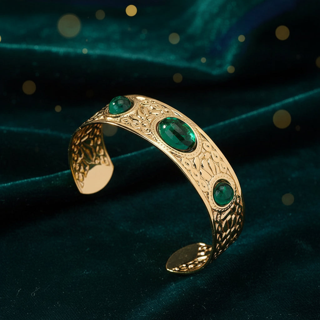 Gold tone green stone kada bangle for women with engraved detailing