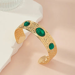 Gold Plated Green Stone Kada for Women – Antique Finish Open Cuff Statement Bracelet