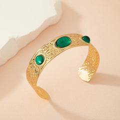 Gold Plated Green Stone Kada for Women – Antique Finish Open Cuff Statement Bracelet