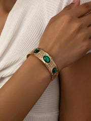 Gold Plated Green Stone Kada for Women – Antique Finish Open Cuff Statement Bracelet