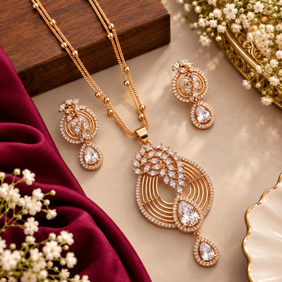 Celestial Bloom Rose Gold-Tone Necklace Set with Earrings | The Mirage Fashion