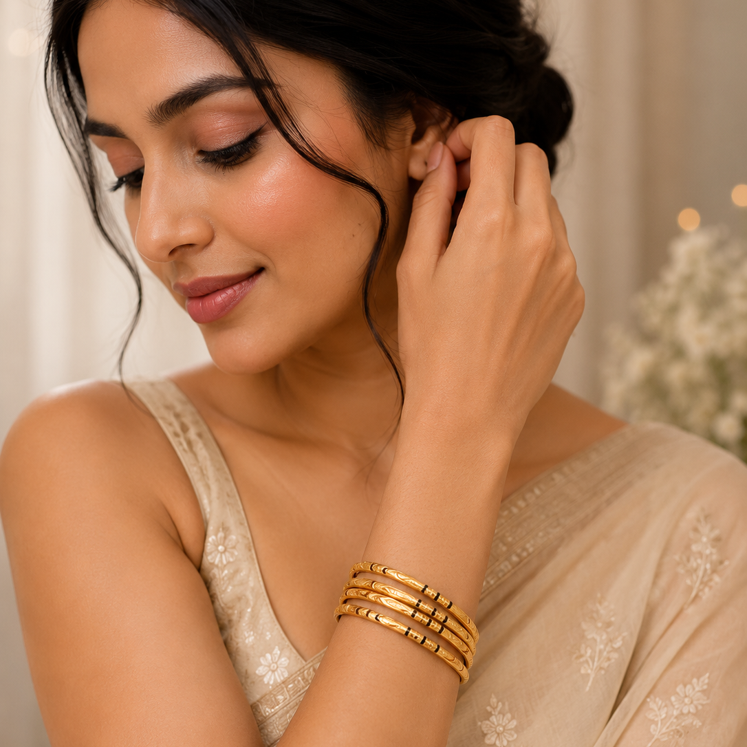 Gold-Plated Minakari Bangles Set of 4 with Traditional Black Enamel Detailing for Women | The Mirage Fashion