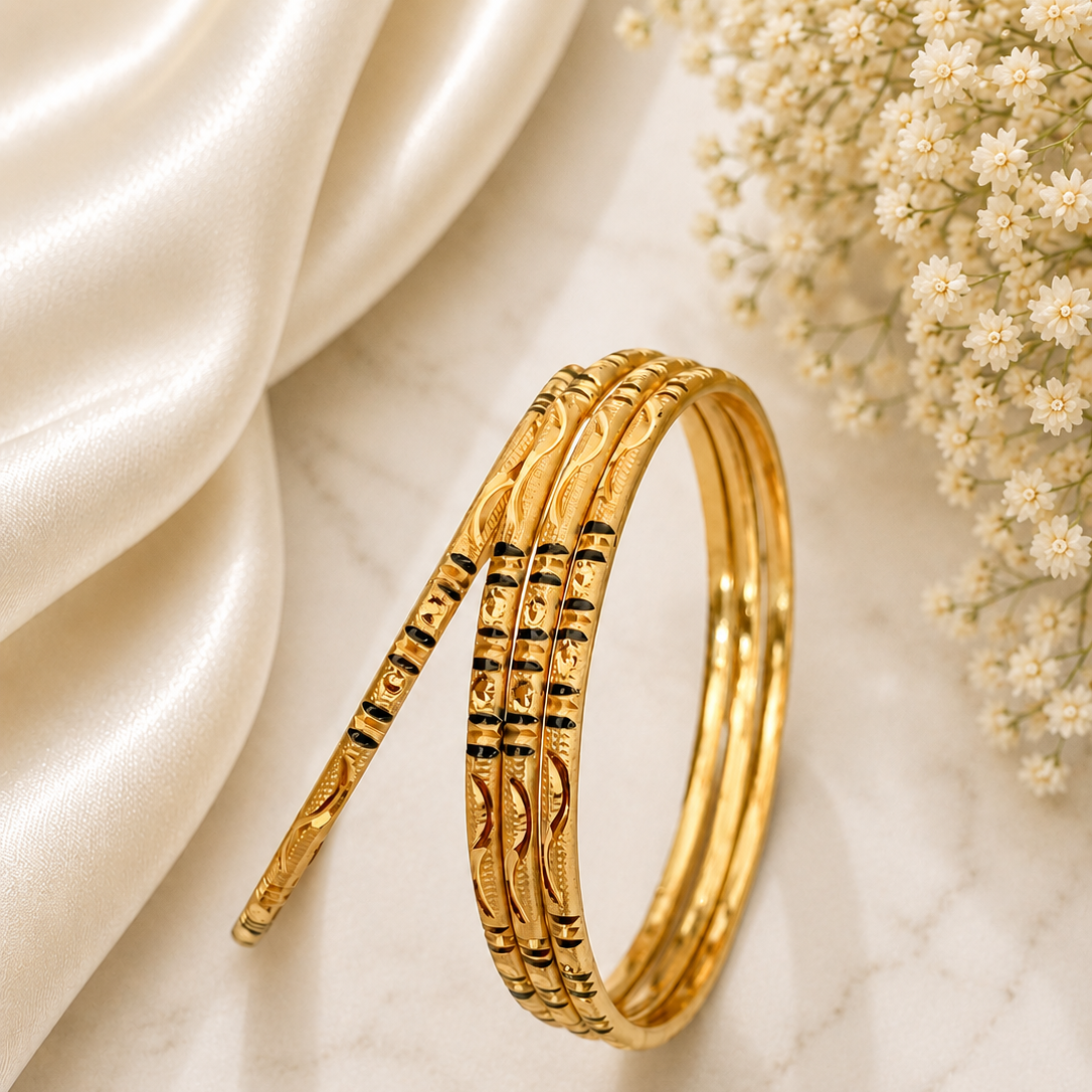 Gold-Plated Minakari Bangles Set of 4 with Traditional Black Enamel Detailing for Women | The Mirage Fashion